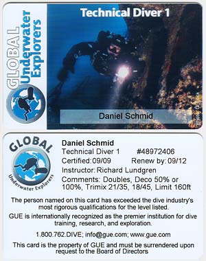 Karte zur GUE Technical Diver 1 Zertifizierung